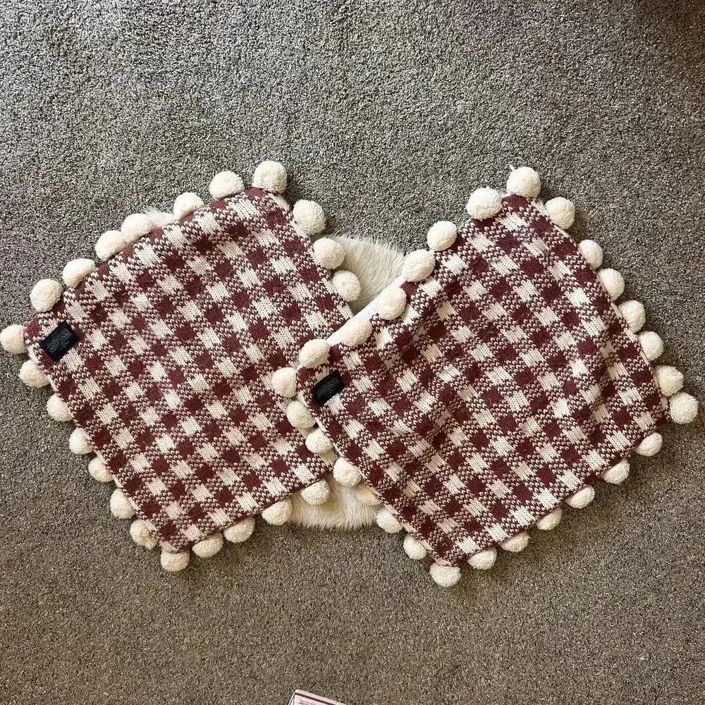 PENDLETON Pillow Cover 20"x20" Brown/White Buffalo Check Knit Pom-Pom